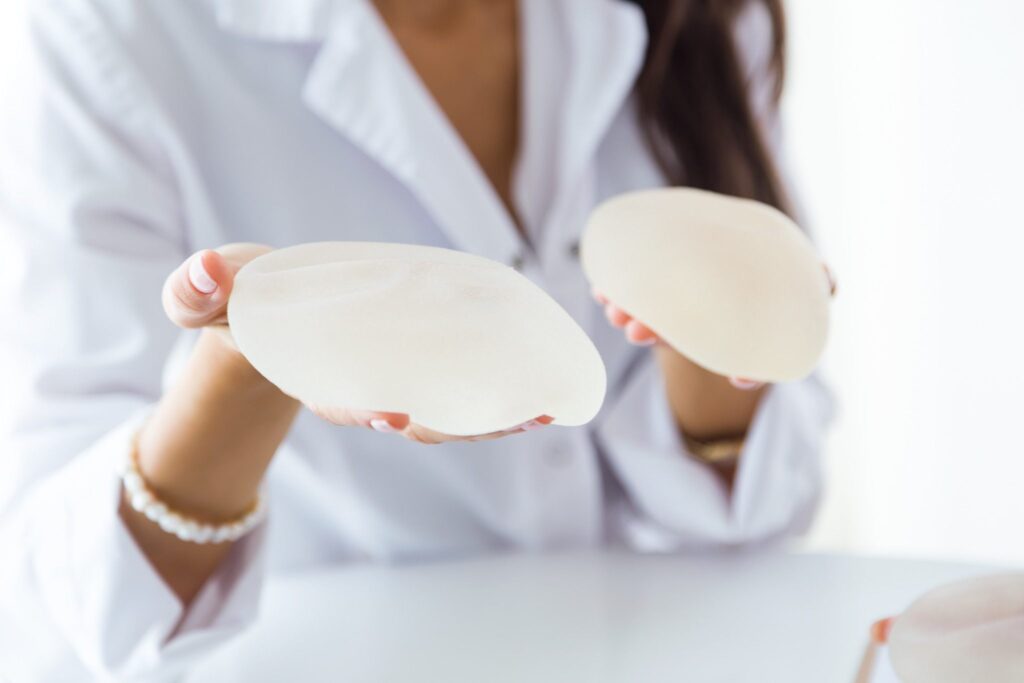 Steps of the breast implant procedure showing silicone implant placement