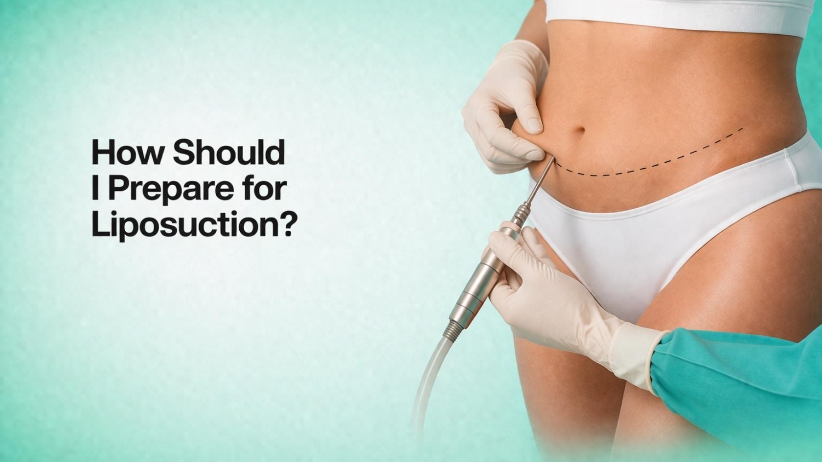 Doctor preparing patient for liposuction procedure with abdominal markings and surgical instrument