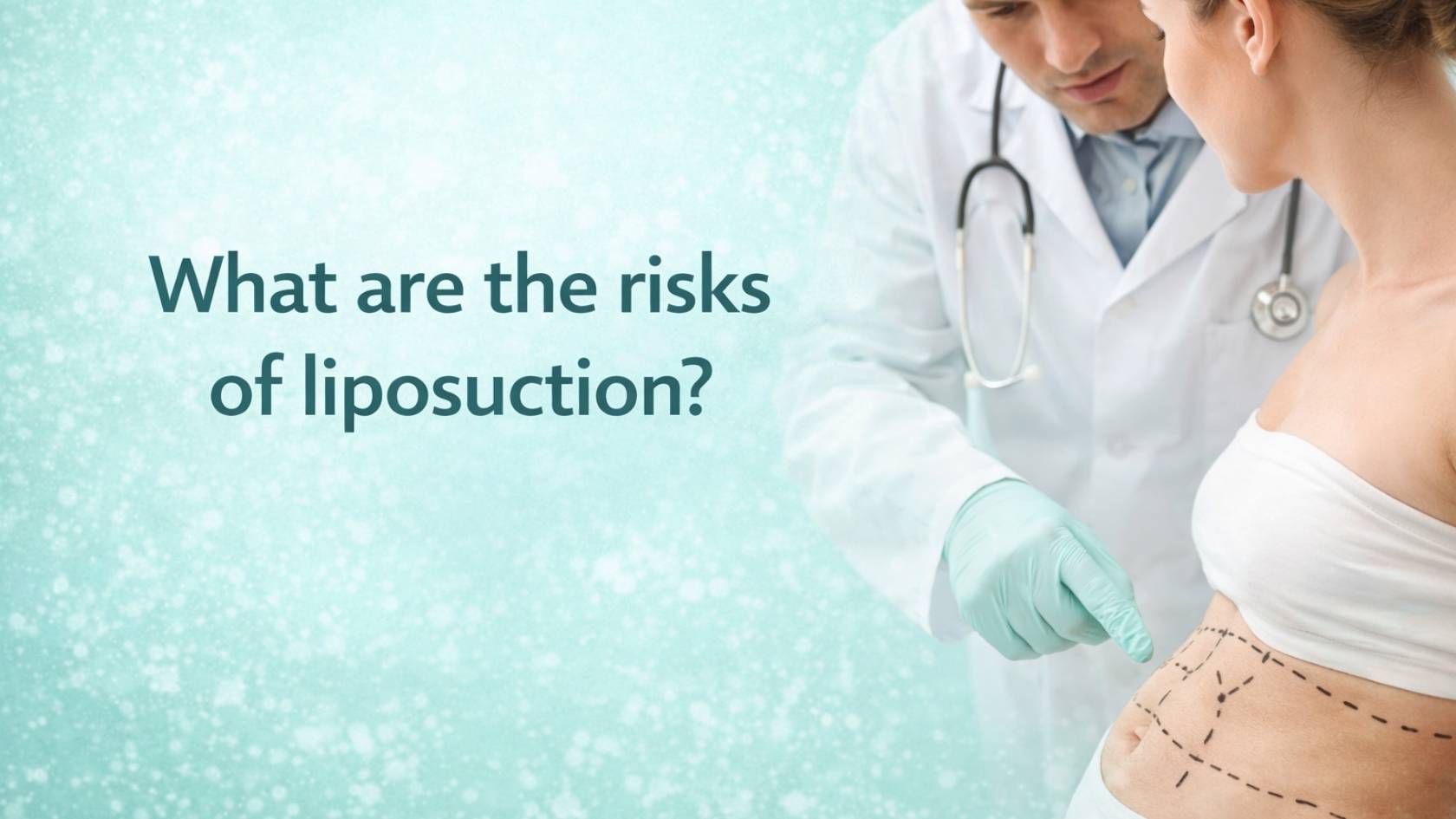 Doctor explaining liposuction procedure risks to a patient while marking treatment areas on the abdomen