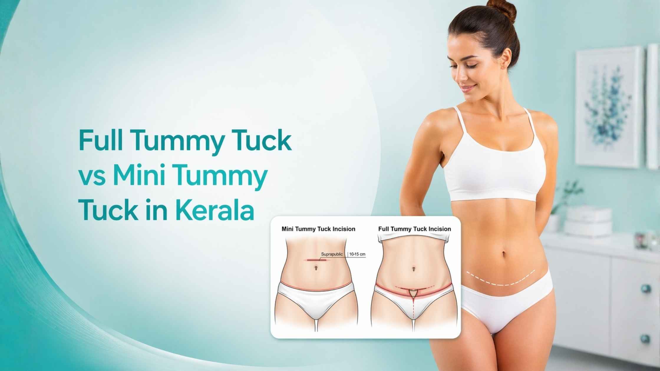 Full Tummy Tuck vs Mini Tummy Tuck in Kerala – comparison of incision techniques with medical illustration and aesthetic result concept