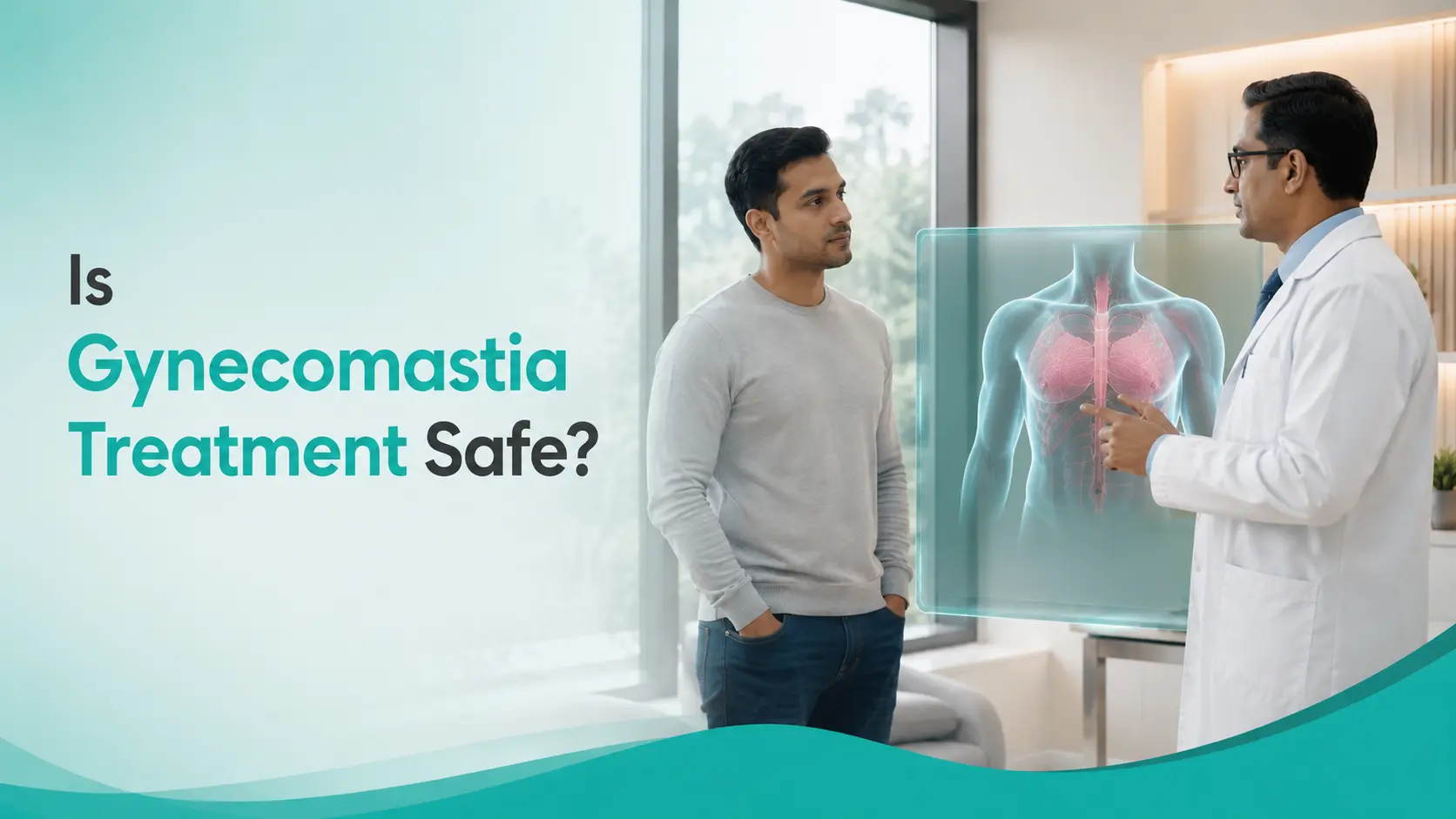 Is gynecomastia treatment safe banner showing an Indian male patient consulting with a plastic surgeon in a modern clinic environment with digital chest anatomy display.