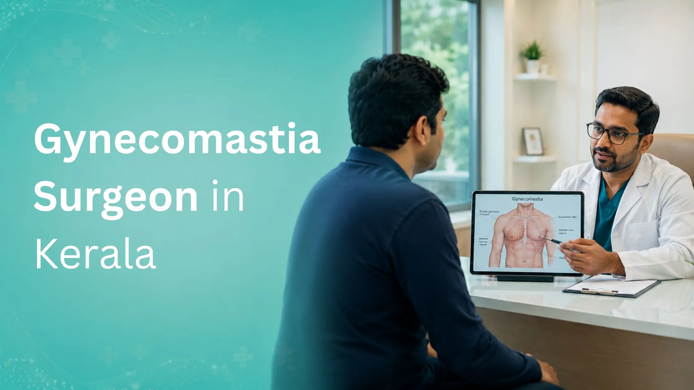 Gynecomastia surgeon in Kerala consultation banner featuring a plastic surgeon explaining treatment options to a male patient in a modern clinic