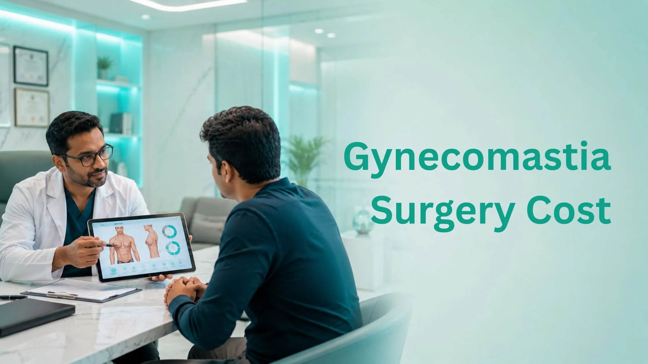 Gynecomastia Surgery Cost consultation in a modern hospital where a plastic surgeon explains treatment planning to an adult Indian male using digital chest anatomy charts in a premium clinical setting.