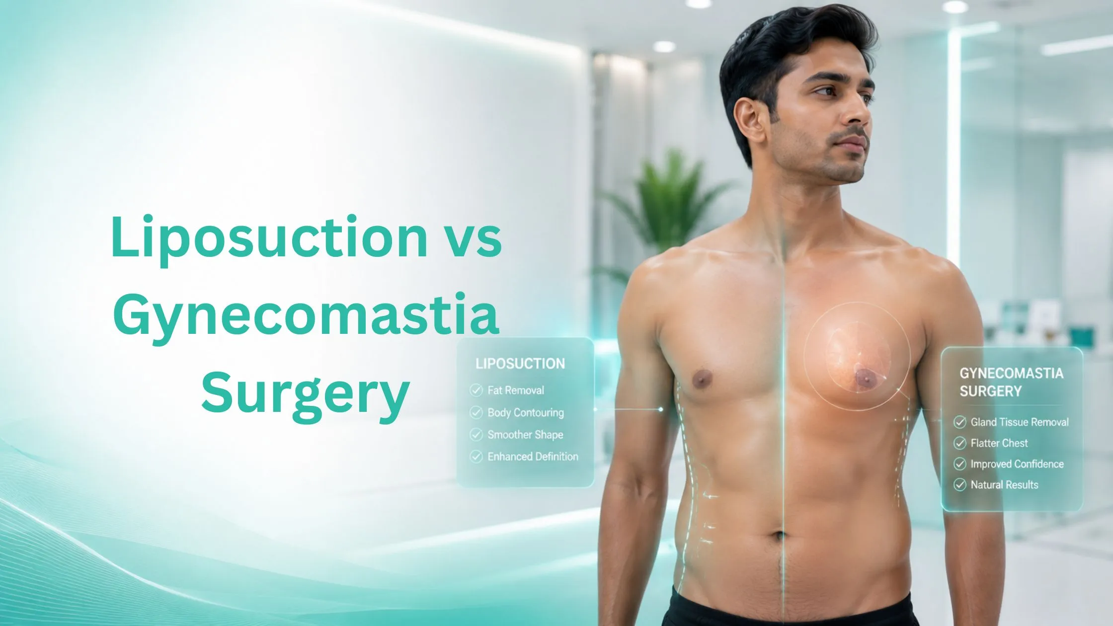 Premium medical banner showing comparison concept of liposuction vs gynecomastia surgery with a male chest transformation visualization in a modern teal (#2BBBA6) gradient clinic interior, highlighting fat reduction and gland correction.
