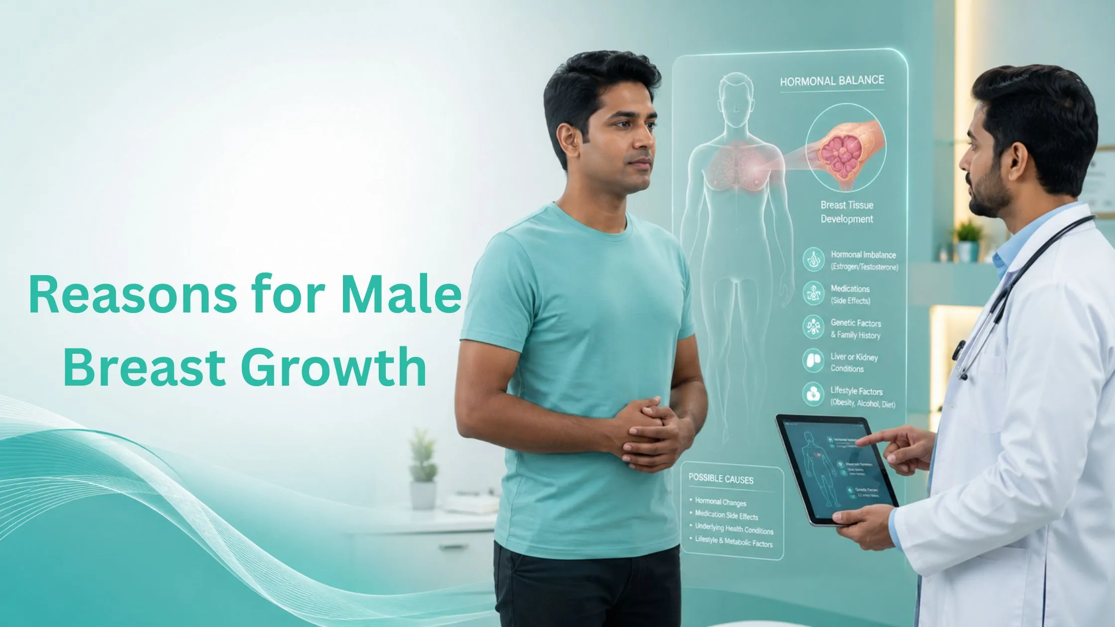 Reasons for male breast growth banner showing an Indian male patient with doctor explaining hormonal and chest tissue changes in a modern clinic.