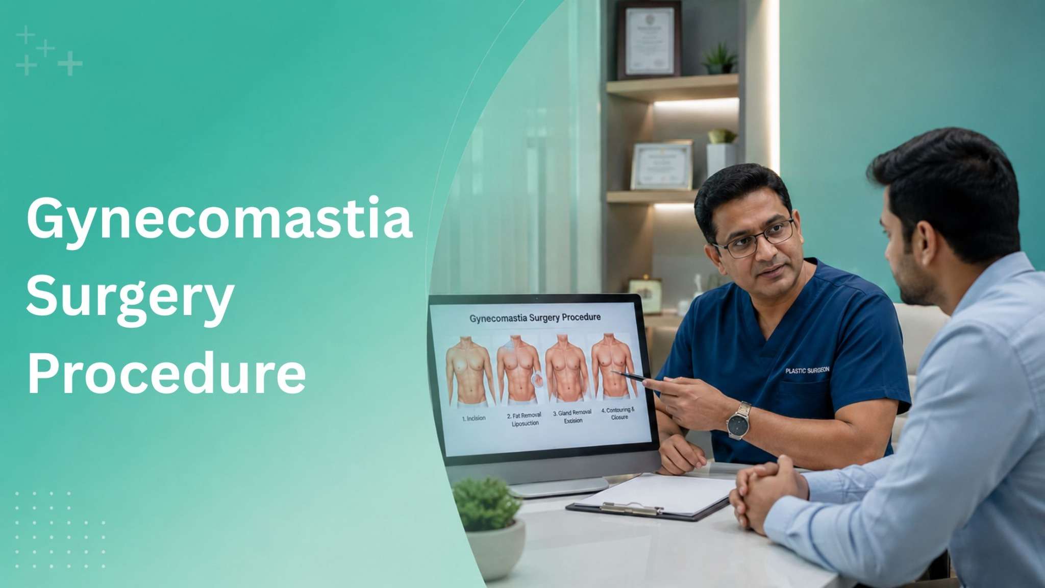Gynecomastia Surgery Procedure consultation with plastic surgeon explaining male chest correction treatment in a modern clinic