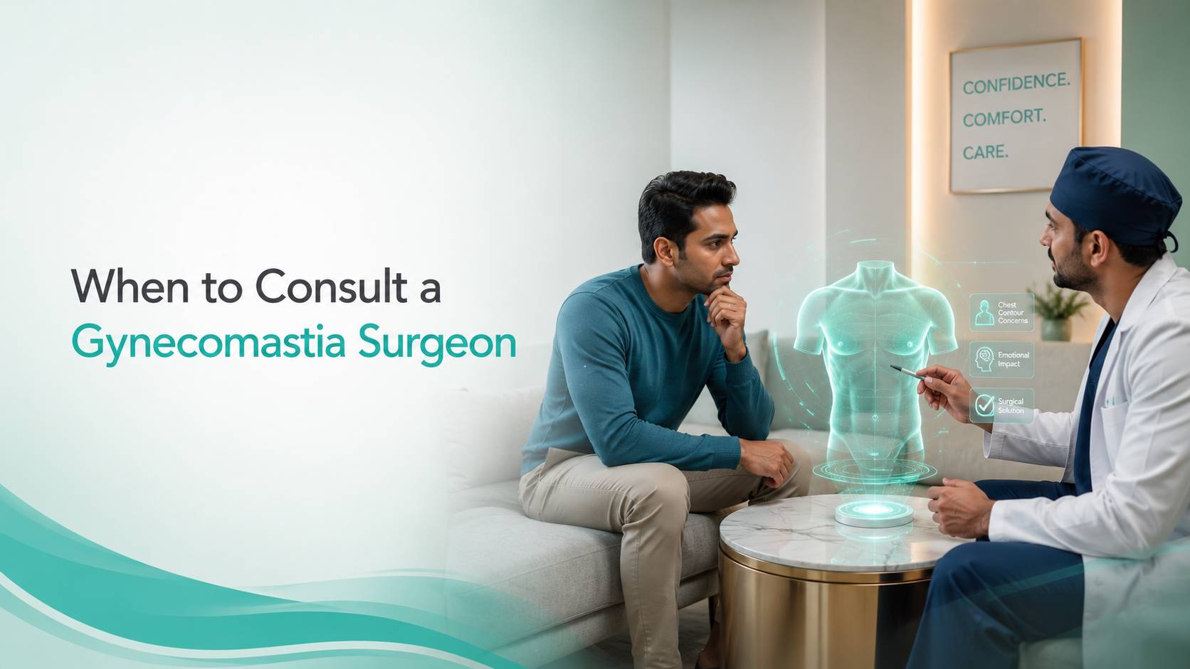 When to consult a gynecomastia surgeon consultation banner showing an Indian male discussing chest contour concerns with a professional surgeon in a modern luxury clinic