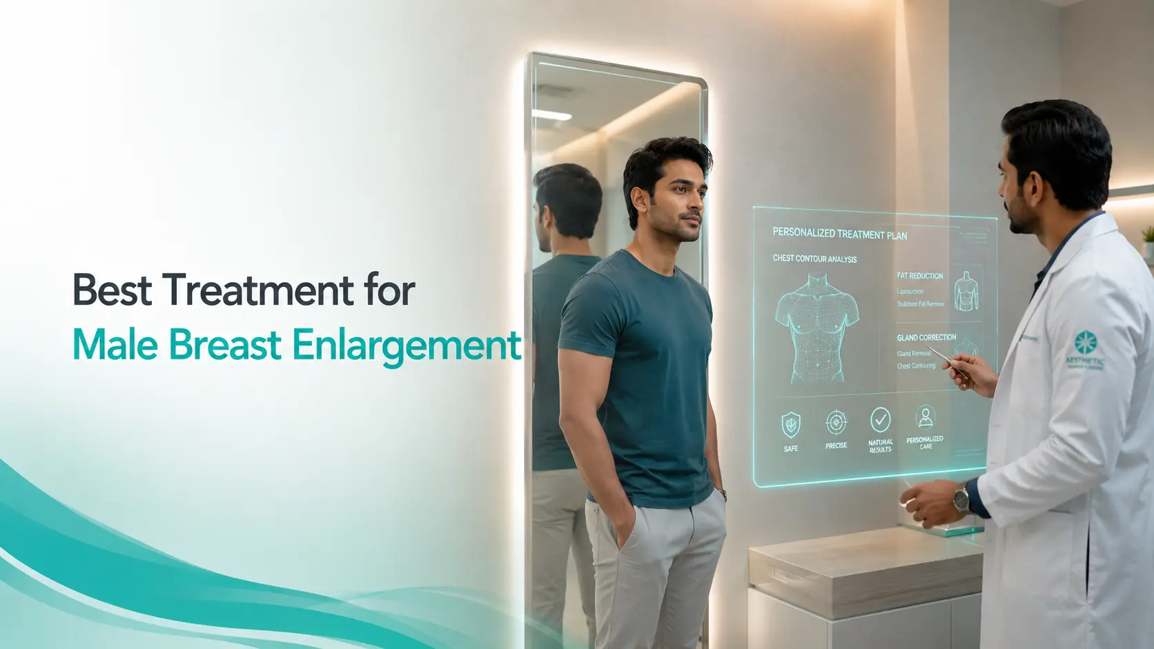 Best Treatment for Male Breast Enlargement banner featuring an adult Indian male receiving personalized gynecomastia treatment consultation from a plastic surgeon in a luxury clinic.