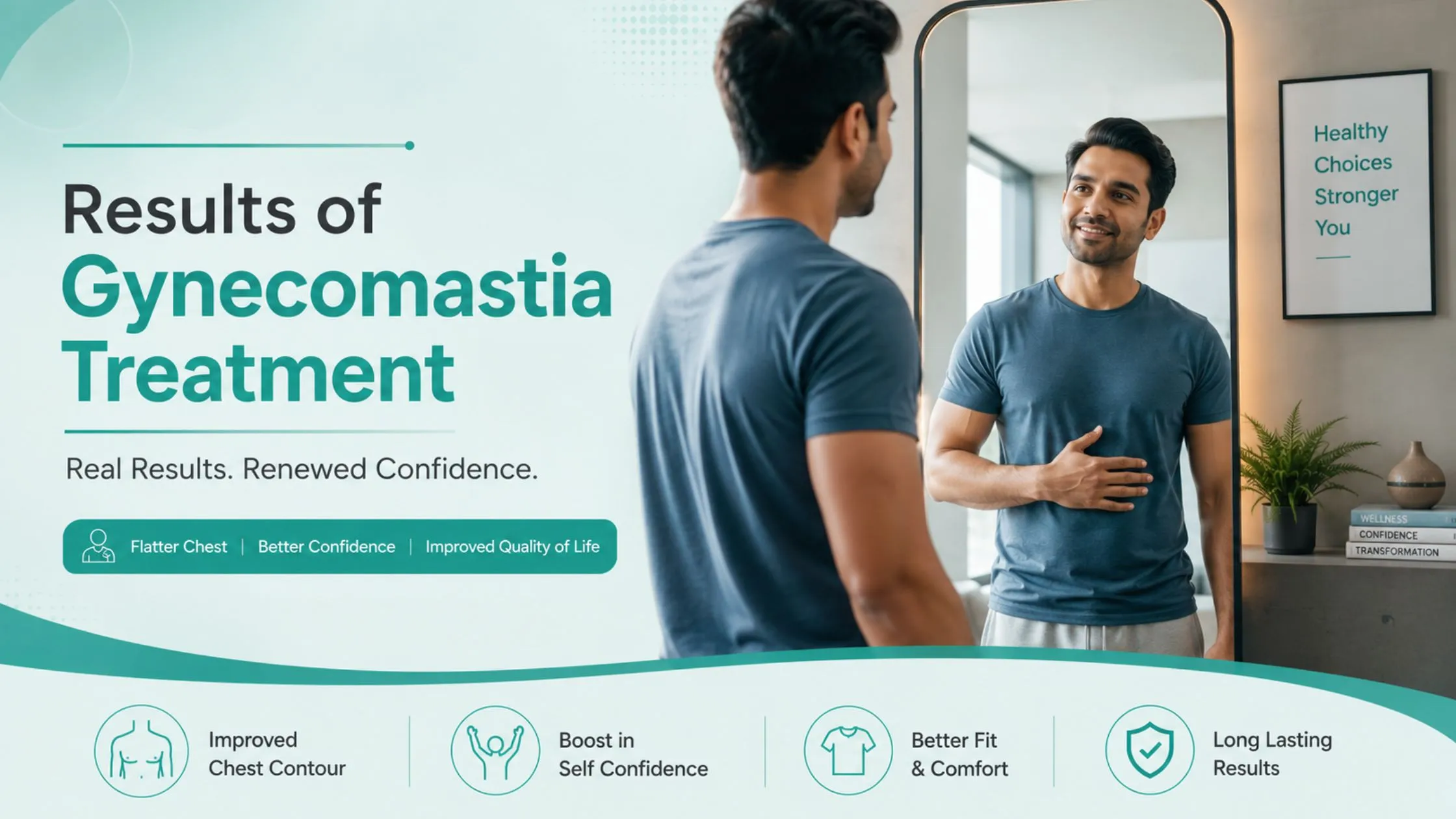 Results of gynecomastia treatment banner showing an Indian male patient during professional plastic surgery consultation in a modern healthcare clinic environment.