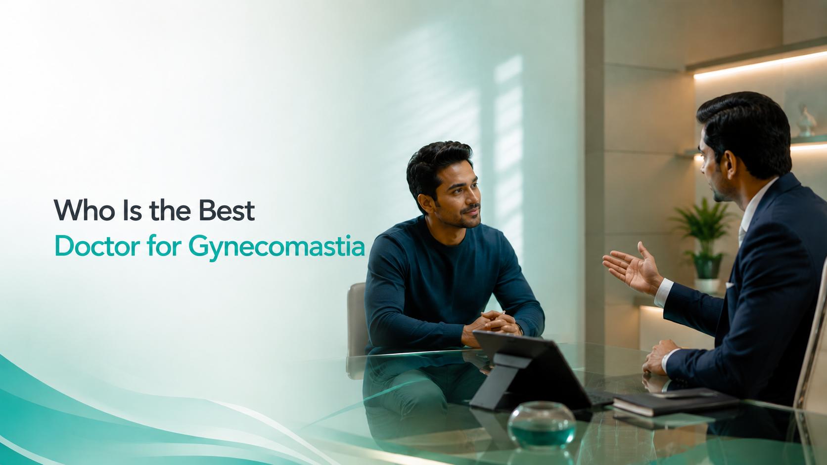 Who Is the Best Doctor for Gynecomastia consultation banner featuring an Indian male discussing treatment options with a professional surgeon in a modern luxury clinic