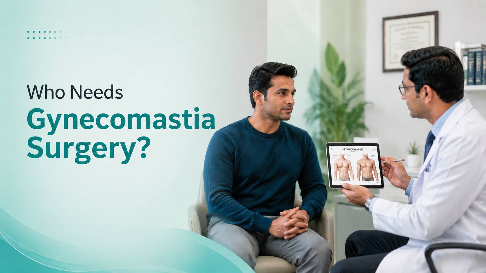 Who Needs Gynecomastia Surgery consultation banner with male patient and plastic surgeon discussion