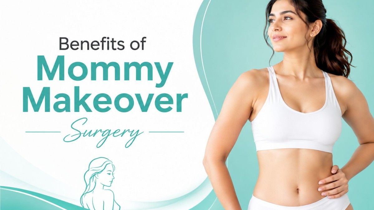 Benefits of Mommy Makeover Surgery banner featuring a confident woman showcasing post-pregnancy body contouring goals in a modern aesthetic healthcare setting.