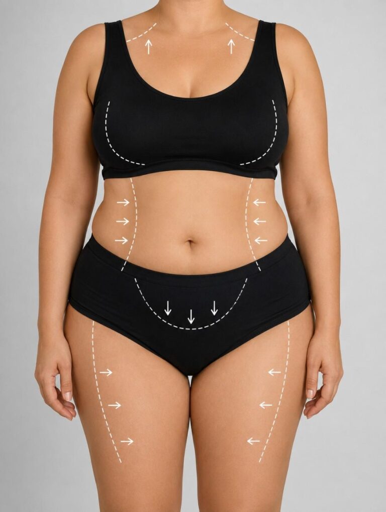 Body contouring planning illustration highlighting common treatment areas of the abdomen, breasts, waist, and thighs, helping explain when can you get a mommy makeover after childbirth and physical recovery.