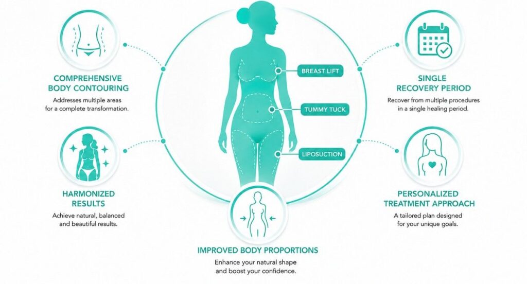 Illustration showing the procedures included in a mommy makeover, featuring breast lift, tummy tuck, and liposuction with body contouring benefits in a premium teal-themed medical infographic.