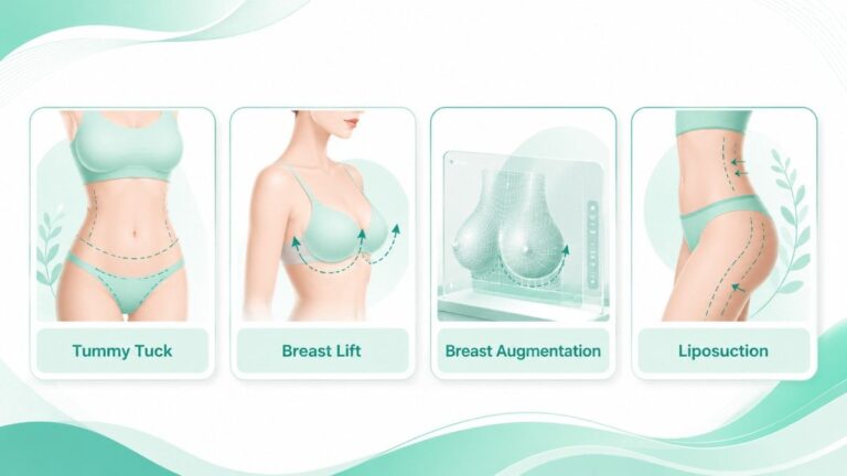 Illustrated infographic showing common cosmetic procedures including tummy tuck, breast lift, breast augmentation, and liposuction, helping explain when can you get a mommy makeover after pregnancy and body recovery.