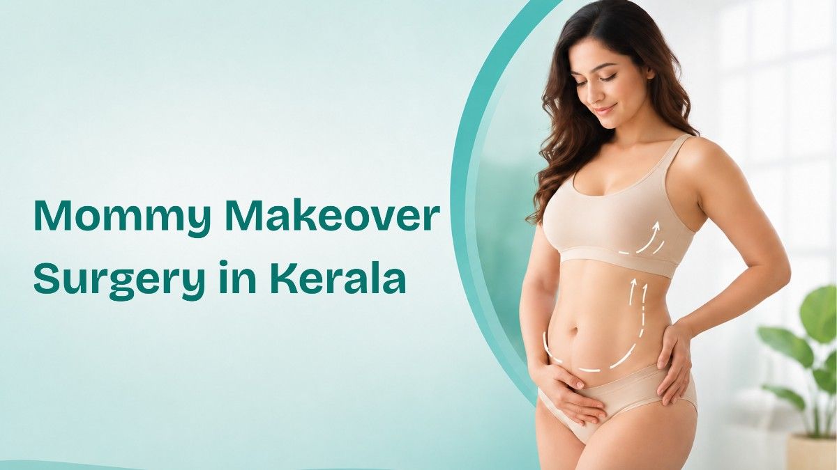Mommy Makeover Surgery in Kerala banner featuring a woman discussing post-pregnancy body contouring options in a premium cosmetic surgery consultation setting.