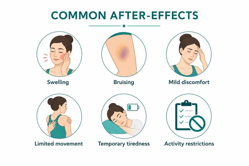 Illustration showing common recovery symptoms after a mommy makeover, including swelling, bruising, mild discomfort, limited movement, temporary tiredness, and activity restrictions.