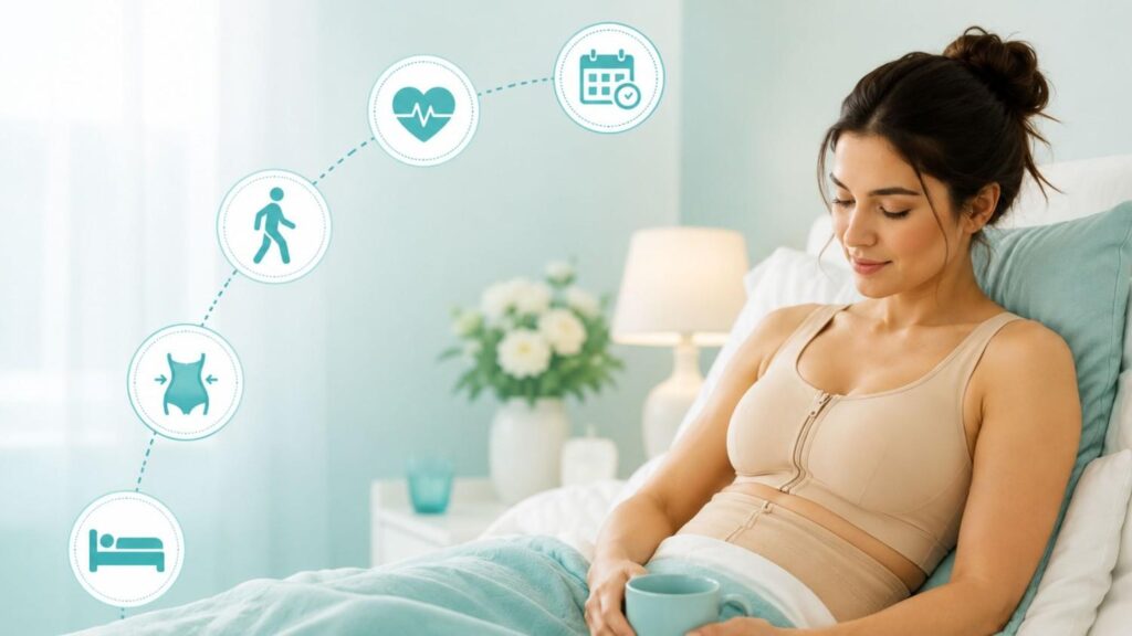 Mommy makeover recovery time showing post-surgery healing, recovery milestones, and gradual return to normal activities