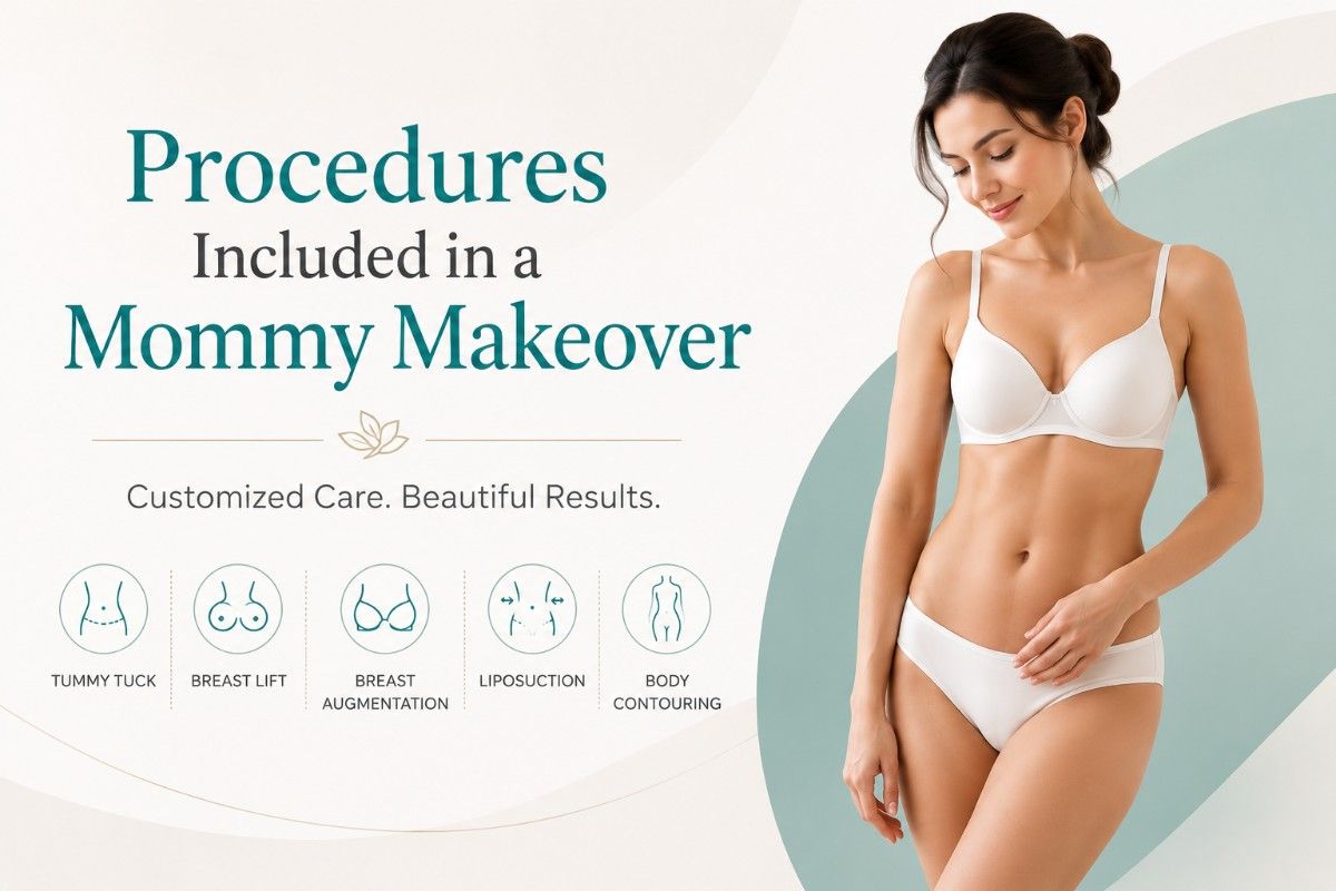 Procedures Included in a Mommy Makeover banner featuring a woman representing post-pregnancy body contouring procedures such as tummy tuck, breast enhancement, and liposuction.