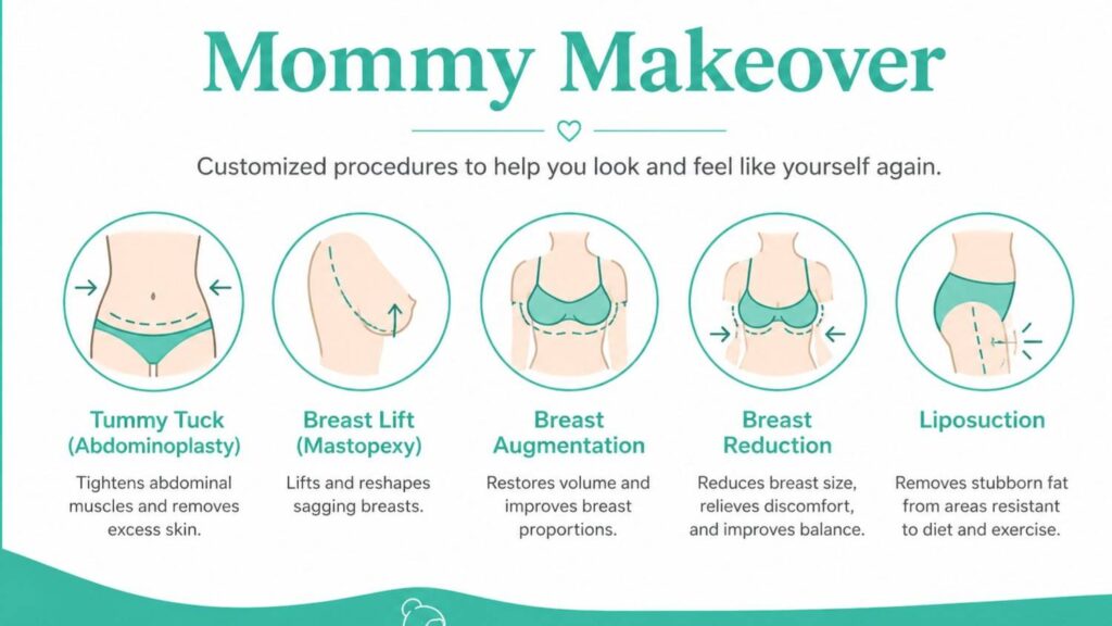 Mommy makeover infographic illustrating common body contouring procedures after pregnancy, including tummy tuck, breast lift, breast augmentation, breast reduction, and liposuction, using simple medical-style icons and concise educational labels.
