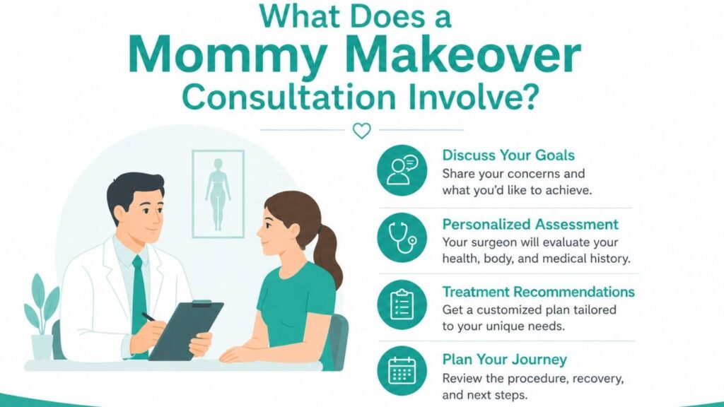 Male plastic surgeon consulting with a woman during a mommy makeover consultation, discussing treatment goals, body contouring options, personalized assessment, surgical recommendations, and recovery planning through a professional patient-centered approach.