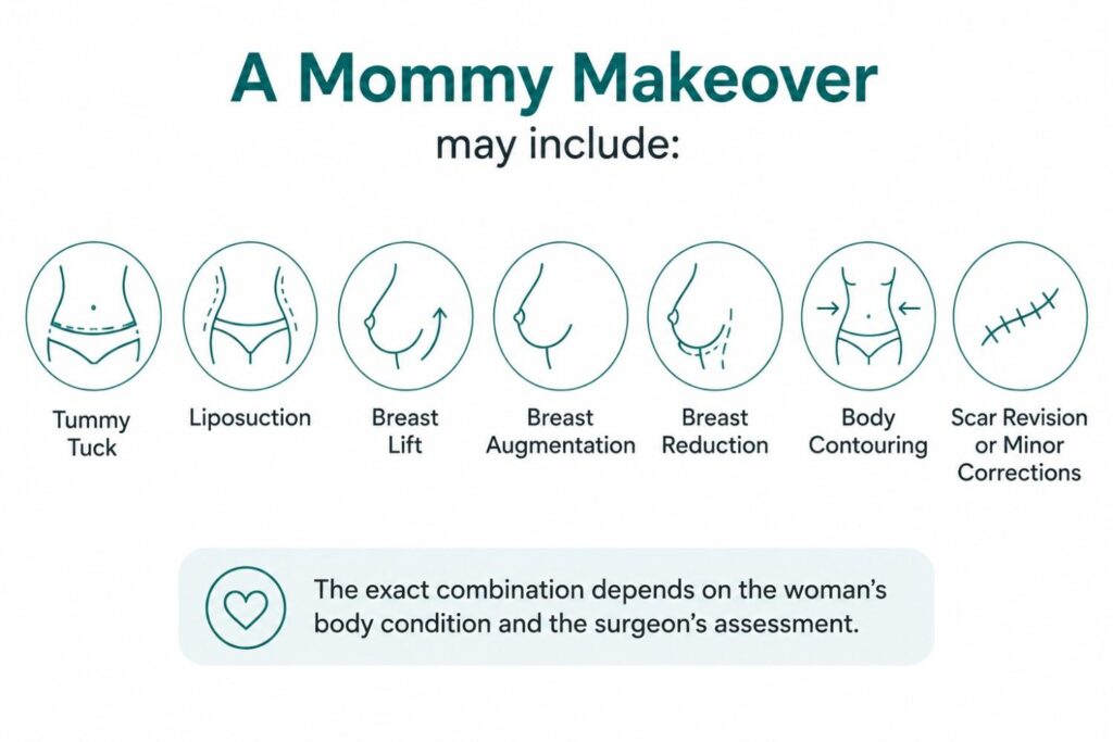 Illustration showing procedures that may be included in a mommy makeover, such as tummy tuck, liposuction, breast lift, breast augmentation, breast reduction, body contouring, and scar revision