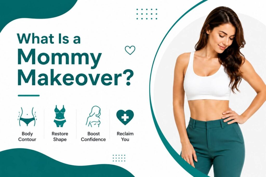 Illustration explaining what a mommy makeover is, featuring a woman in a white top and teal pants with icons representing body contouring, body restoration, confidence, and aesthetic enhancement.