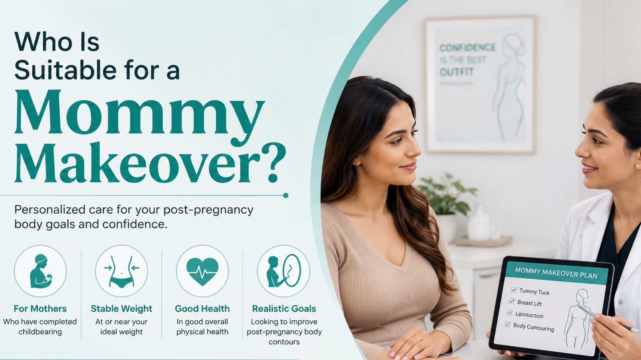 Who Is Suitable for a Mommy Makeover banner featuring a woman consulting with a cosmetic surgeon about personalized post-pregnancy body contouring treatment options.