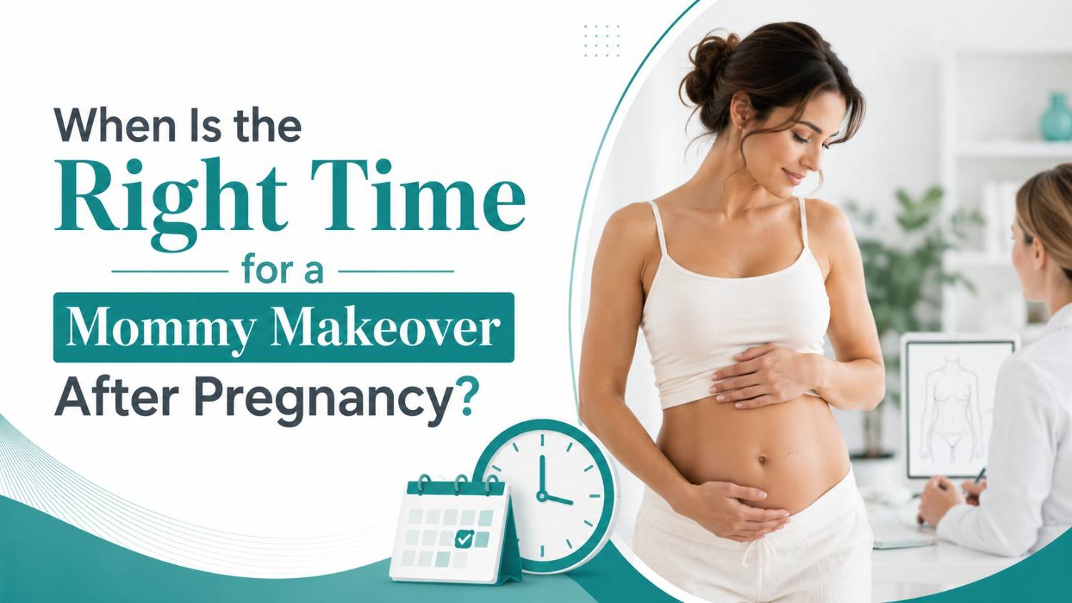 When Is the Right Time for a Mommy Makeover After Pregnancy? Illustration showing common recovery symptoms after a mommy makeover, including swelling, bruising, mild discomfort, limited movement, temporary tiredness, and activity restrictions.