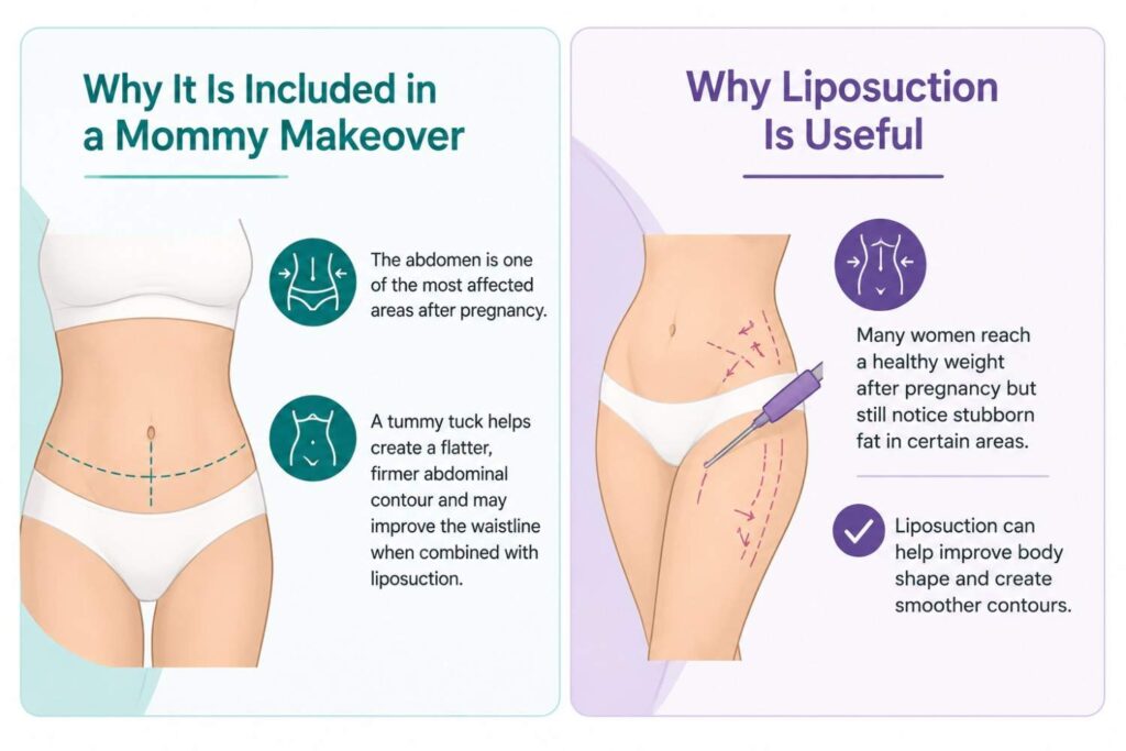 Illustration explaining why a tummy tuck and liposuction are included in a mommy makeover, showing abdominal contouring and body shaping procedures after pregnancy.