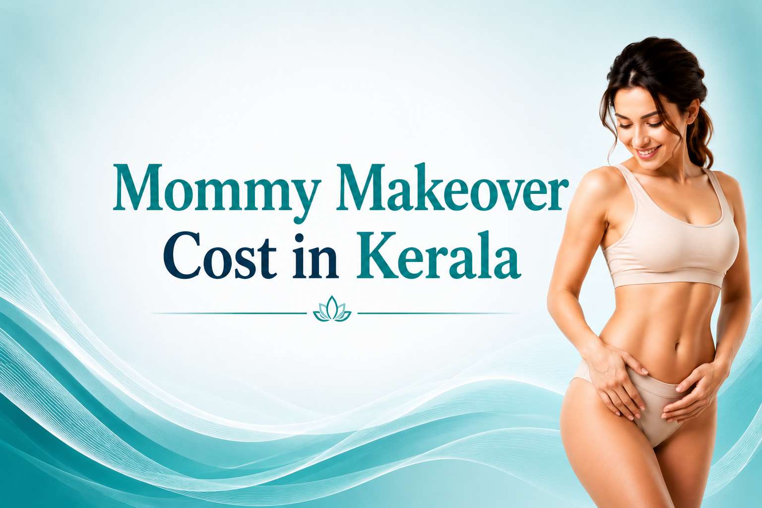 Woman showcasing post-pregnancy body contouring results with Mommy Makeover Cost in Kerala title on a teal medical-themed background.