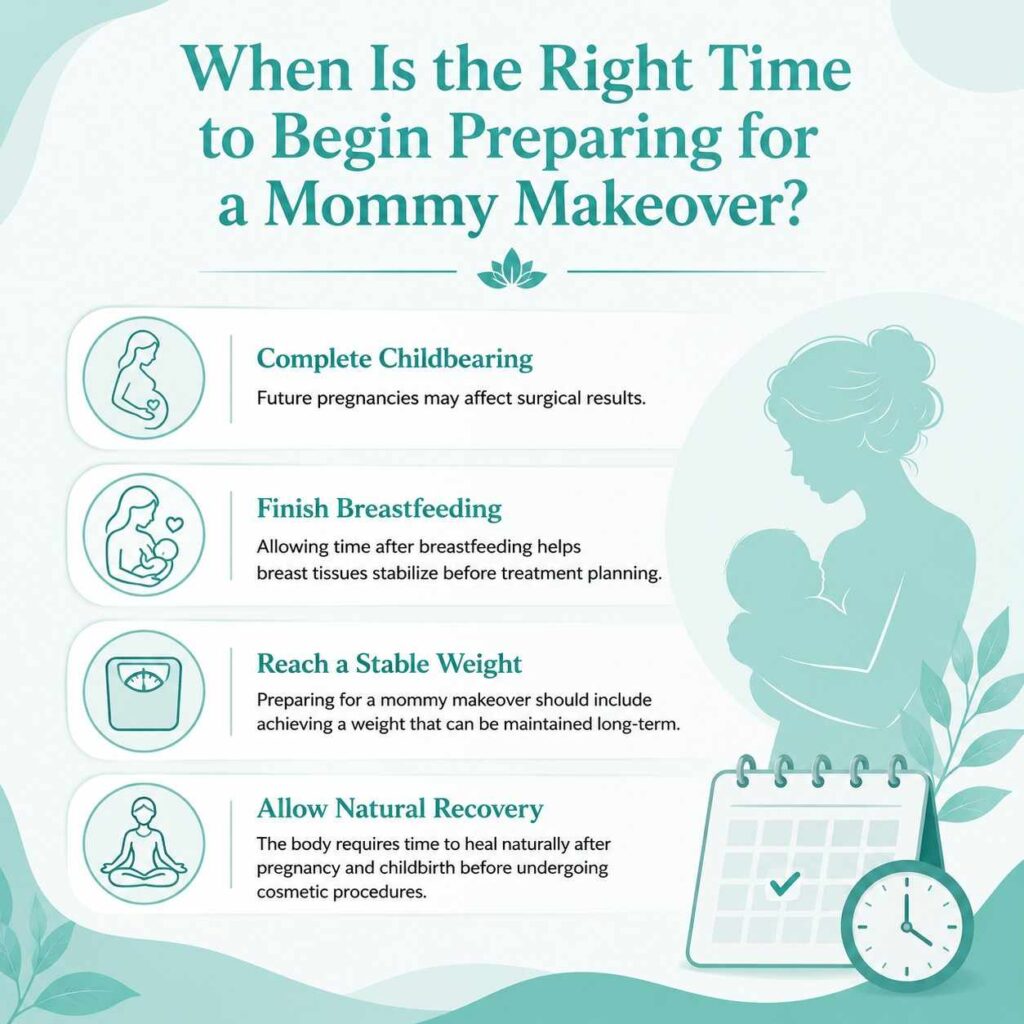 Woman planning post-pregnancy body contouring while preparing for a mommy makeover with guidance on timing, recovery, and treatment planning.