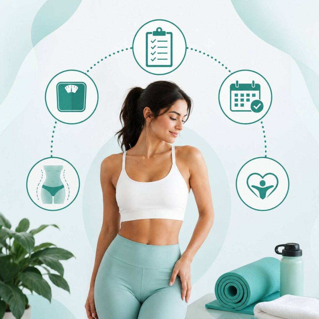 Woman preparing for a mommy makeover with focus on body contouring goals, weight stability, recovery planning, and post-pregnancy transformation.