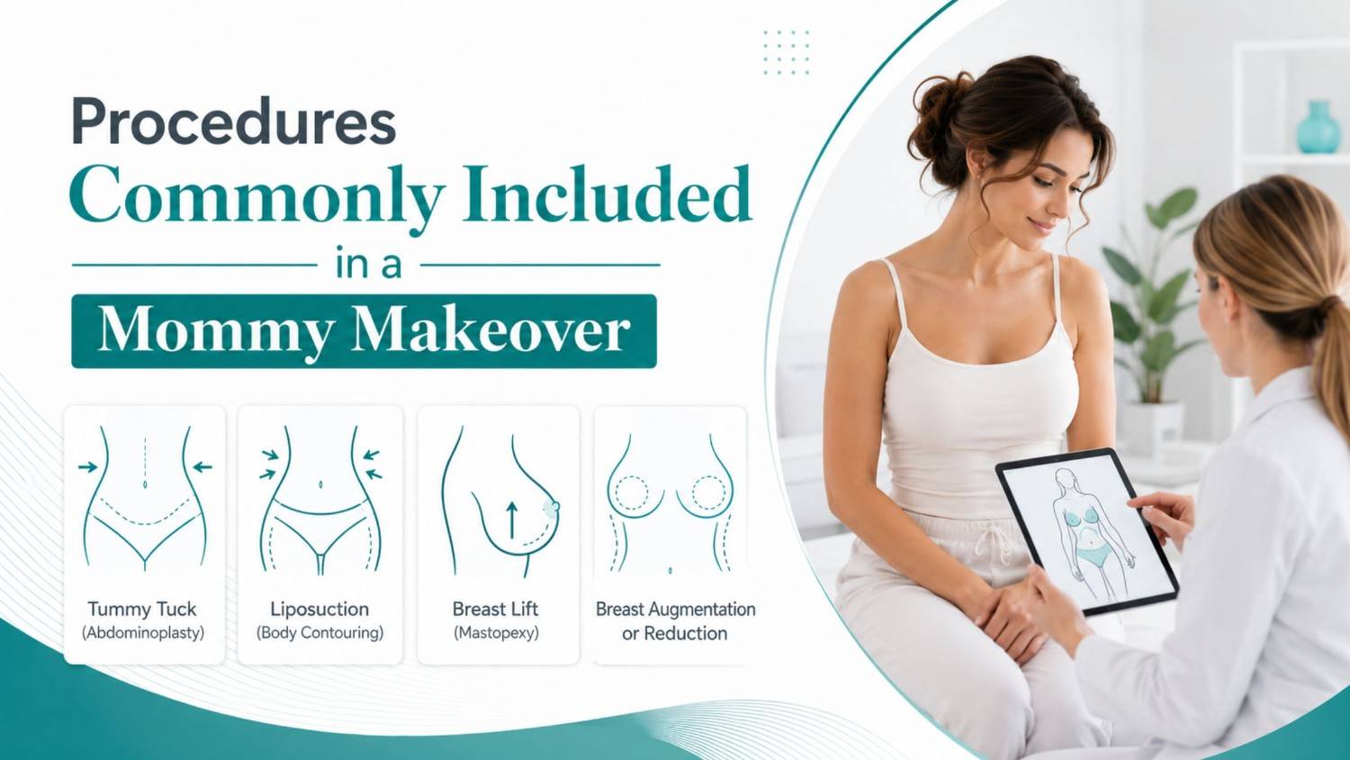 Featured image showing procedures commonly included in a mommy makeover with tummy tuck, liposuction, breast lift, and breast enhancement icons in teal and white.