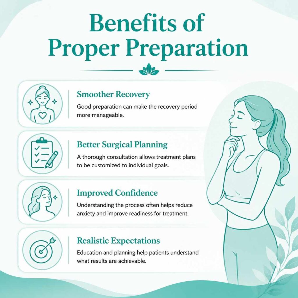 Infographic showing the benefits of proper preparation before a mommy makeover, including smoother recovery, better surgical planning, improved confidence, and realistic expectations.