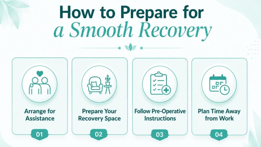 Illustration explaining Mommy Makeover Recovery: What to Expect with essential preparation steps for a smoother healing journey after post-pregnancy body contouring surgery.