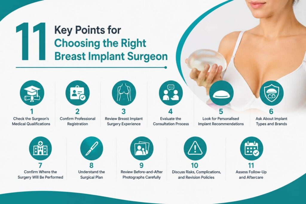 Infographic outlining 11 key factors to consider when choosing the right breast implant surgeon, featuring numbered steps in a clean teal (#138c8d) and white medical-themed design.