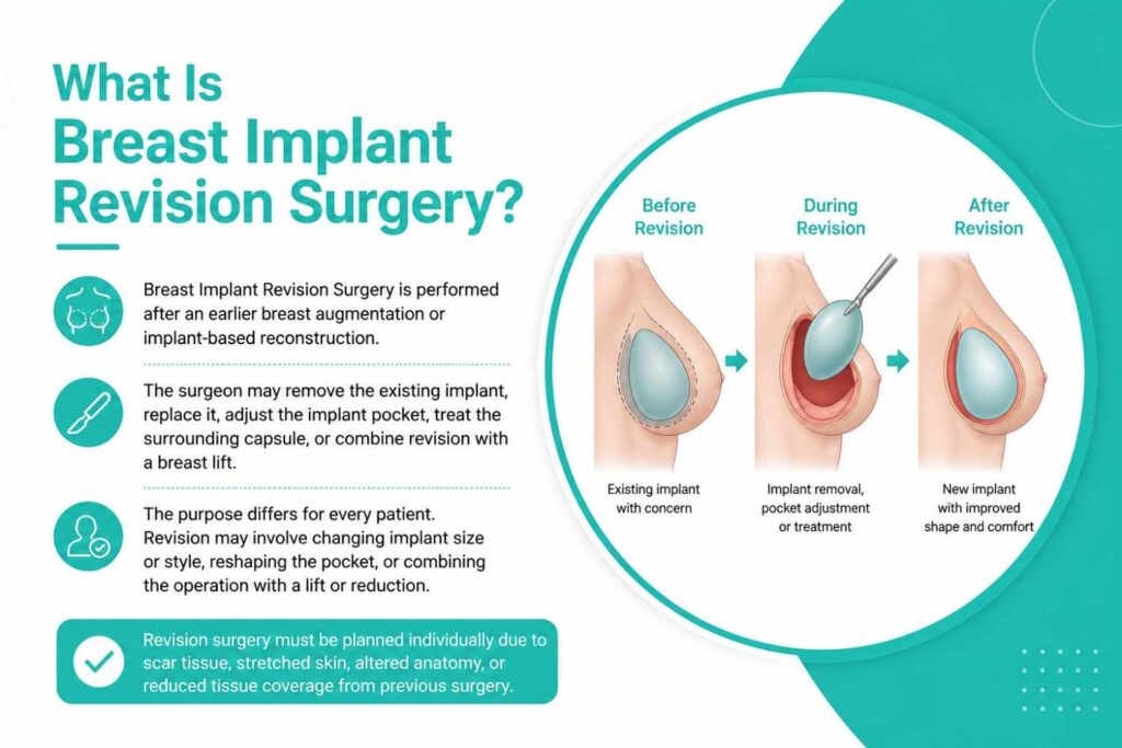 Medical infographic explaining breast implant revision surgery, showing a comparison of before, during, and after revision with a clean teal and white design.