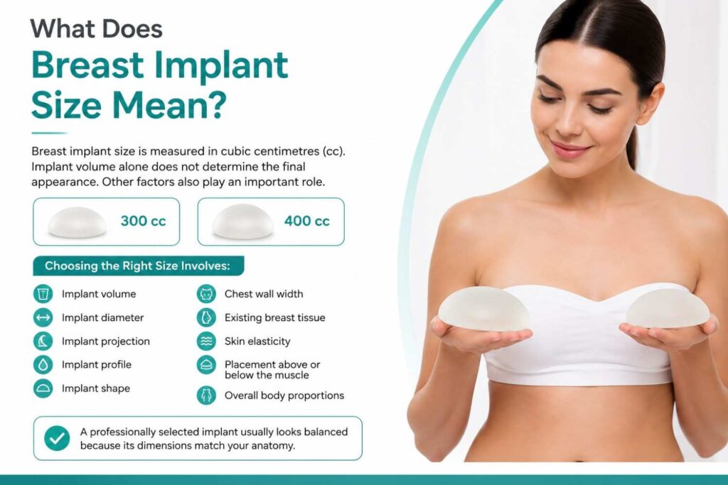 Infographic explaining breast implant size, showing different implant volumes and the key factors involved in choosing the right breast implant size, alongside a realistic patient holding two breast implants in a clean white and teal design.