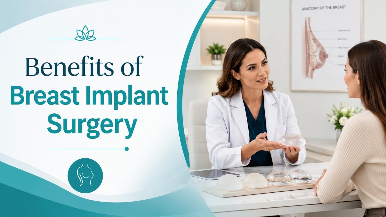 Benefits of Breast Implant Surgery consultation with a plastic surgeon explaining implant options to a patient.