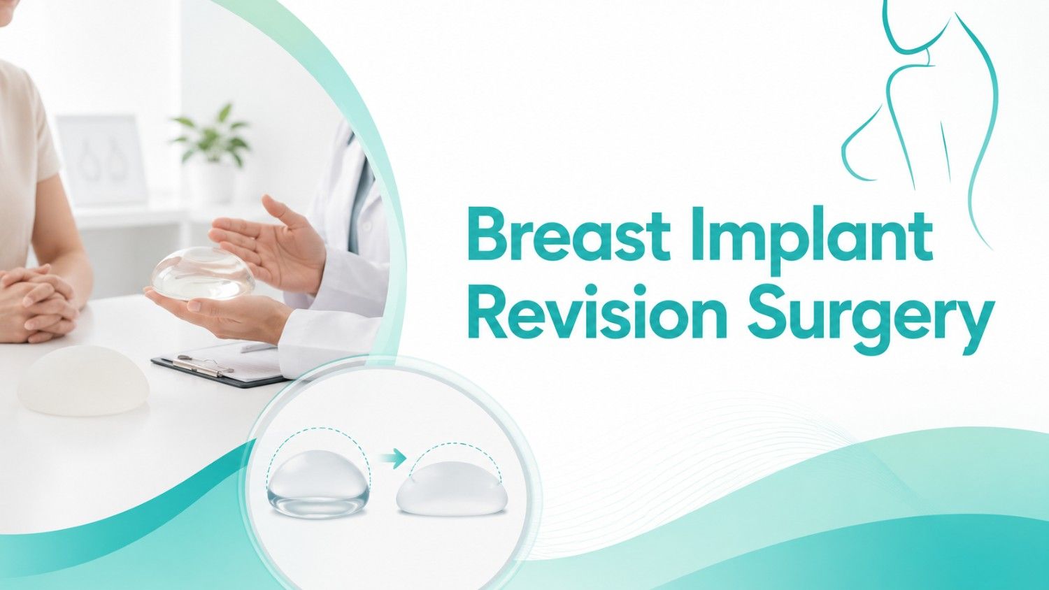 Breast Implant Revision Surgery consultation showing a surgeon explaining implant replacement options to a patient.