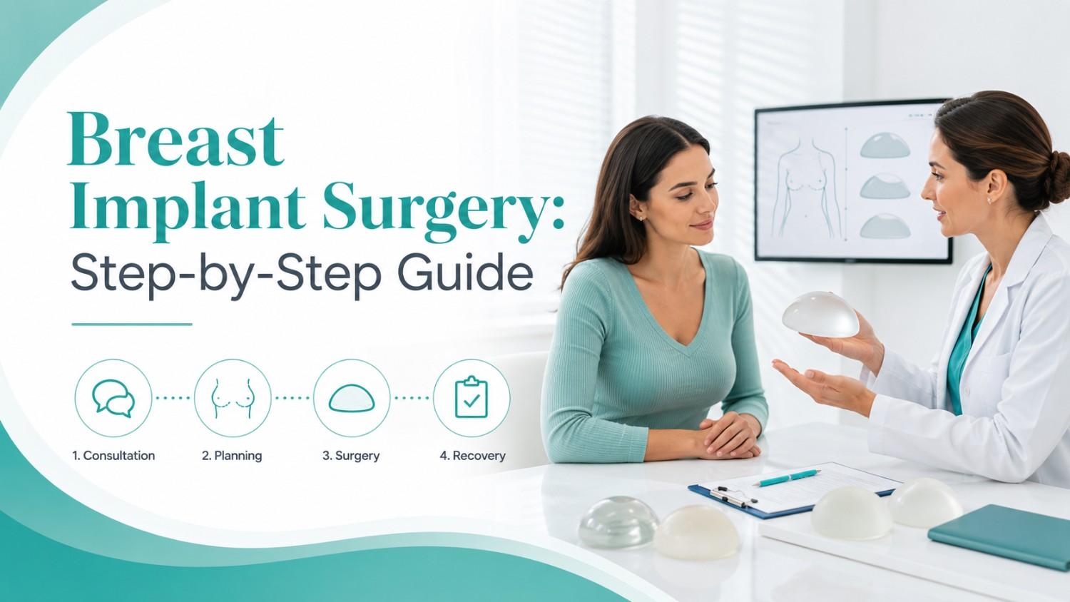 Breast Implant Surgery: Step-by-Step Guide showing a patient consulting a plastic surgeon about implant planning, surgery, and recovery.