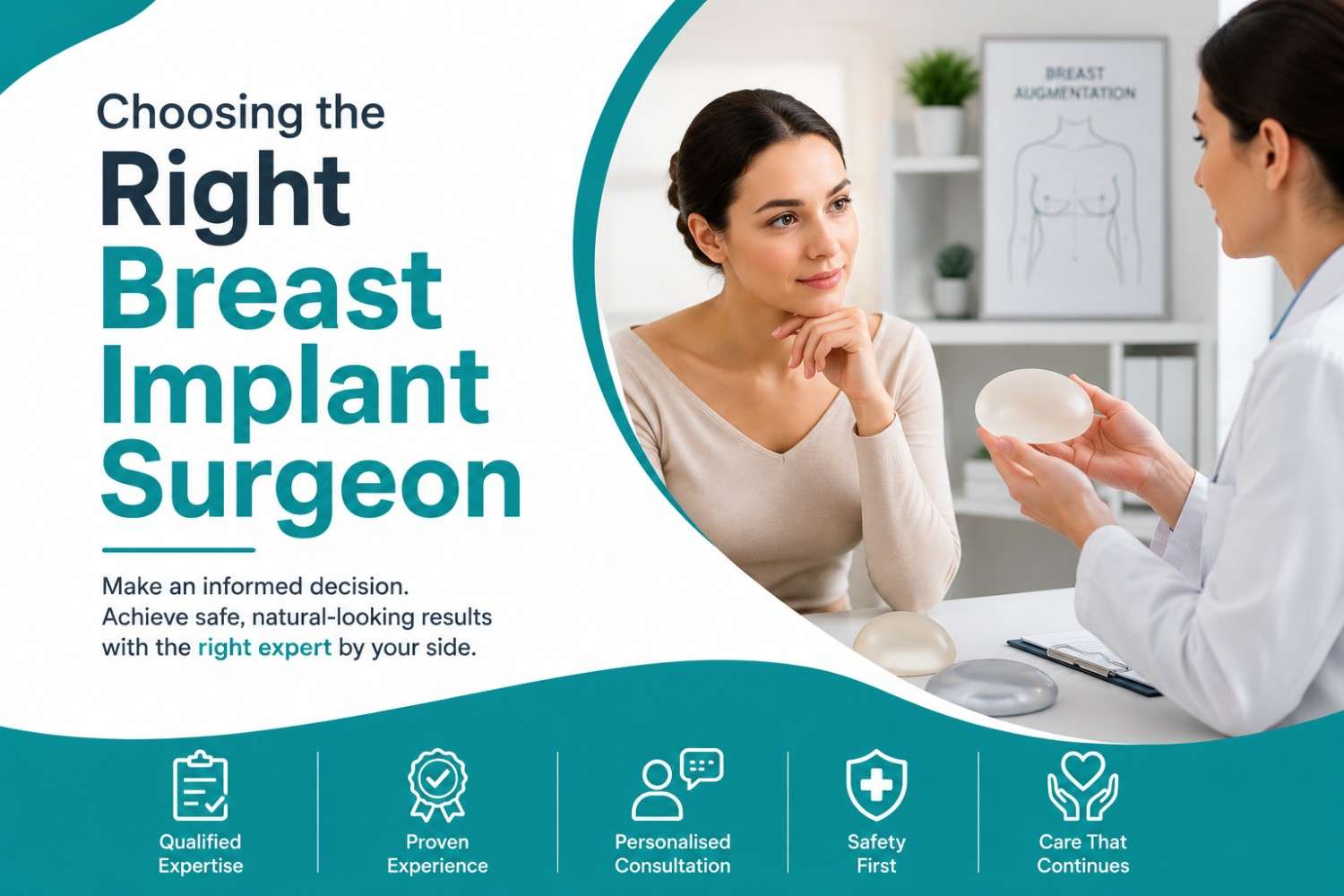 Featured image showing a plastic surgeon consulting with a patient about breast implants in a clean teal (#138c8d) and white medical-themed design with the title "Choosing the Right Breast Implant Surgeon."