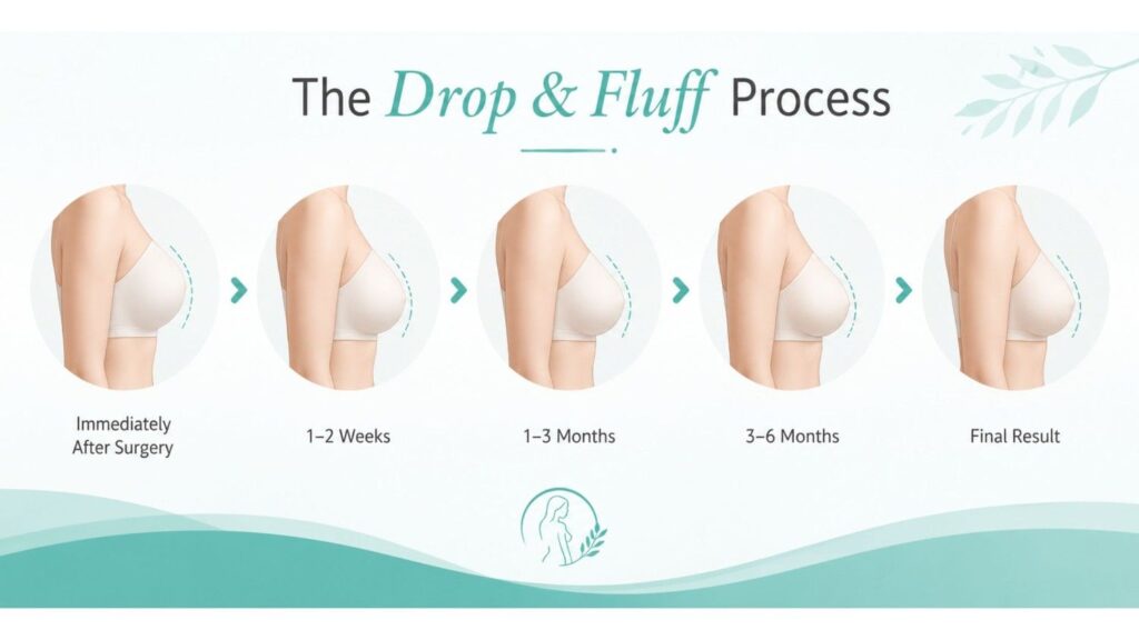 Breast Implant Before and After illustration showing the drop and fluff process as breast implants gradually settle into a natural position during the healing timeline.