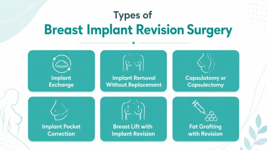 Types of Breast Implant Revision Surgery infographic showing implant exchange, implant removal, capsulectomy, pocket correction, breast lift, and fat grafting.