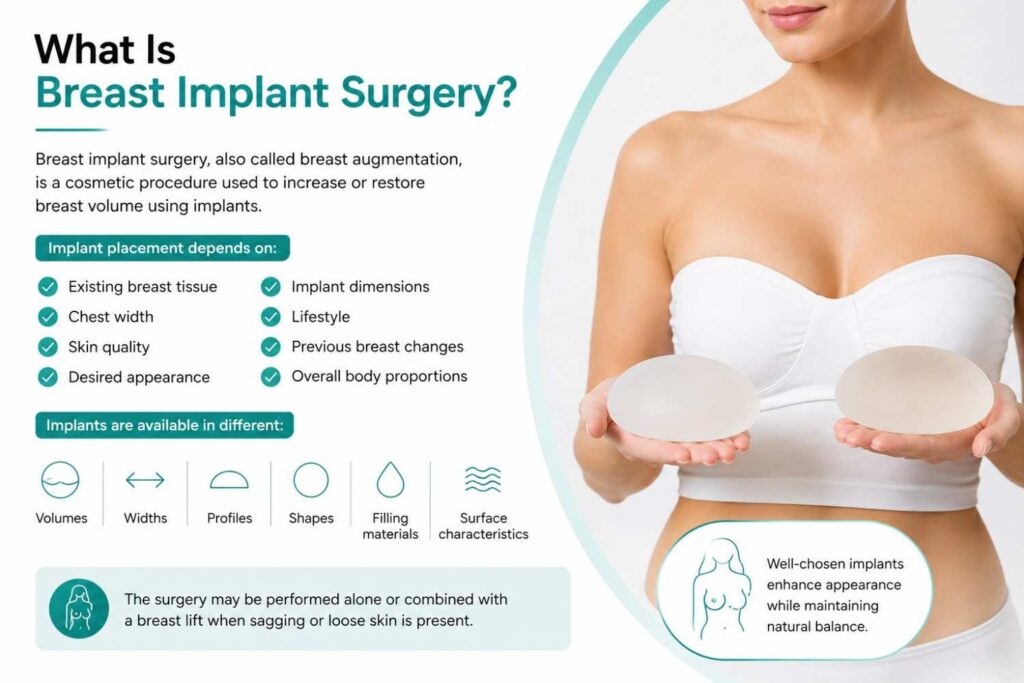 Illustration explaining breast implant surgery with a realistic patient holding breast implants and icons representing implant size, shape, profile, and placement in a clean white and teal medical design.