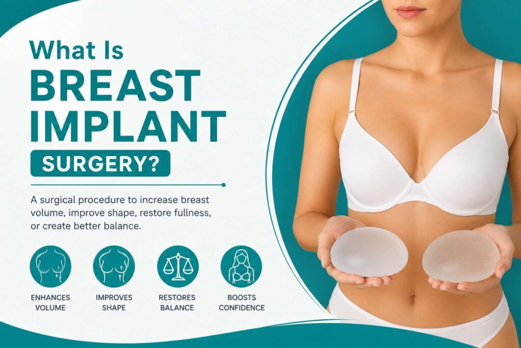 Medical illustration explaining breast implant surgery with a patient holding breast implants