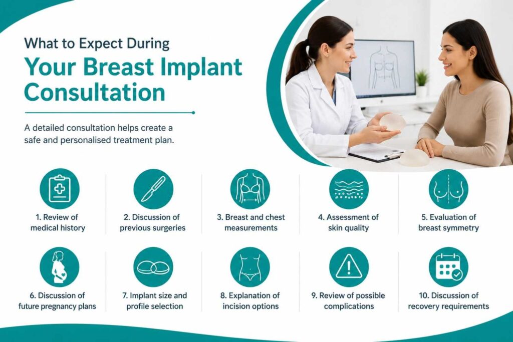 Medical consultation illustration showing a plastic surgeon discussing breast implant surgery