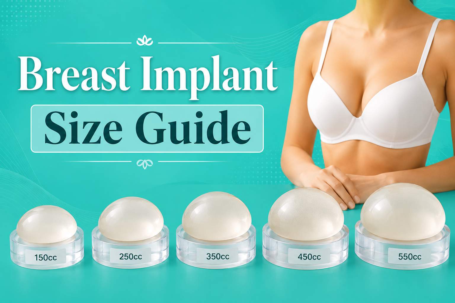 Illustration showing a Breast Implant Size Guide with different implant sizes arranged from 150cc to 550cc beside a woman wearing a white bra.