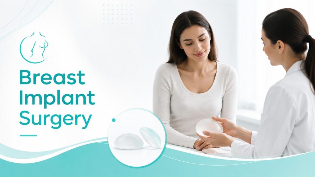 Breast implant surgery consultation showing a female surgeon explaining a silicone implant to a patient in a modern clinic.